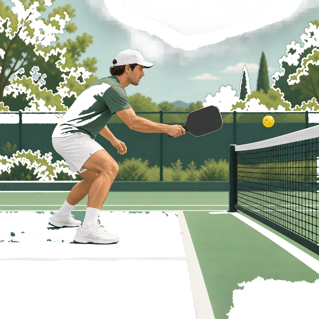 Illustration d'un joueur de pickleball en position fléchie près de la ligne de cuisine, frappant une balle perforée par un petit geste compact au-dessus du filet.