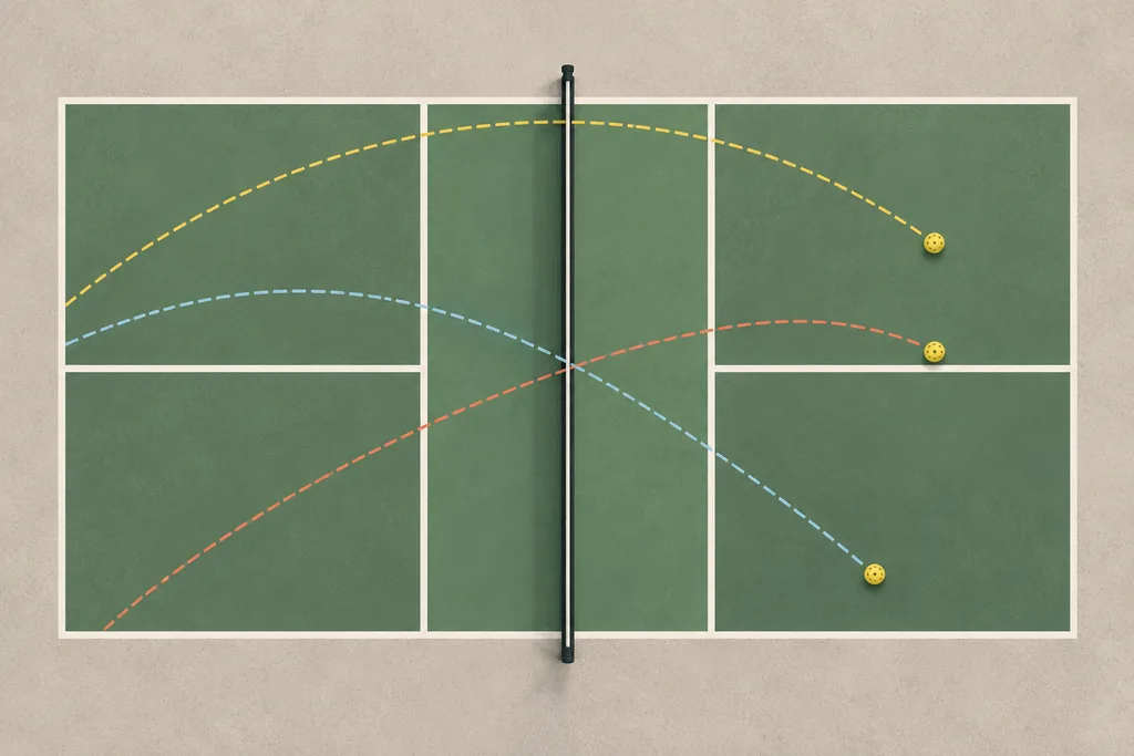 Schéma stylisé d'un court de pickleball montrant trois trajectoires de balle de hauteurs différentes vers le filet.