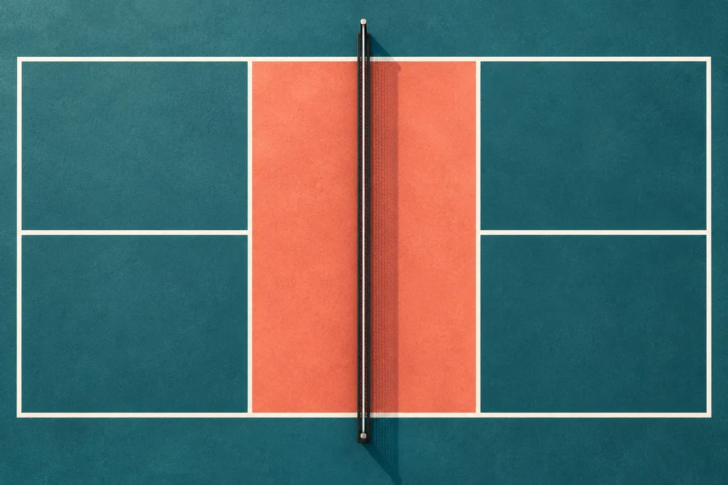 Un court de pickleball vu de dessus avec la zone de cuisine de chaque côté du filet mise en évidence.