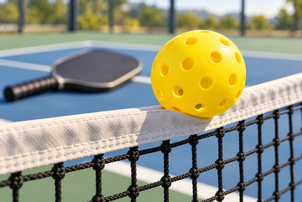 Une balle de pickleball bloquée dans le haut du filet, avec une raquette tenue en retrait au second plan.